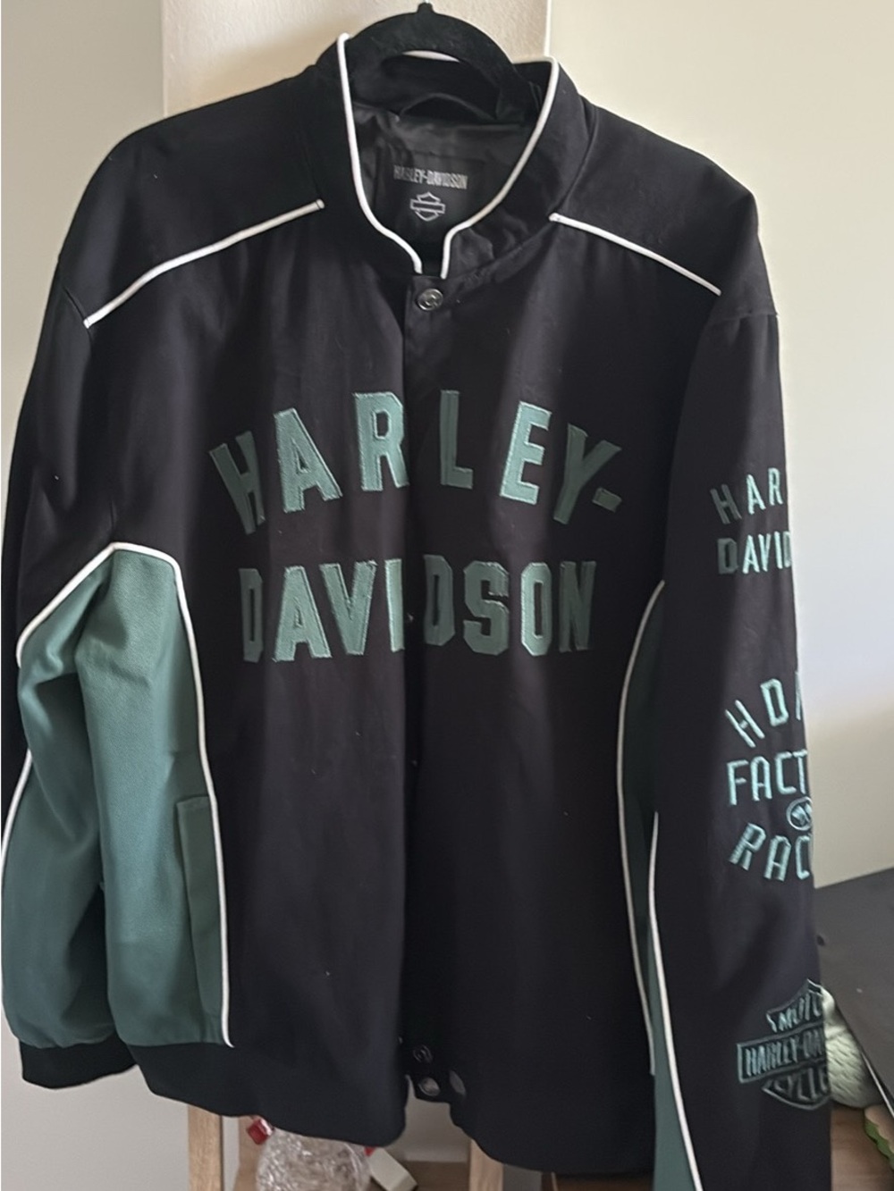 Harley-Davidson Black & Teal Varsity Jacket with Piped Accents